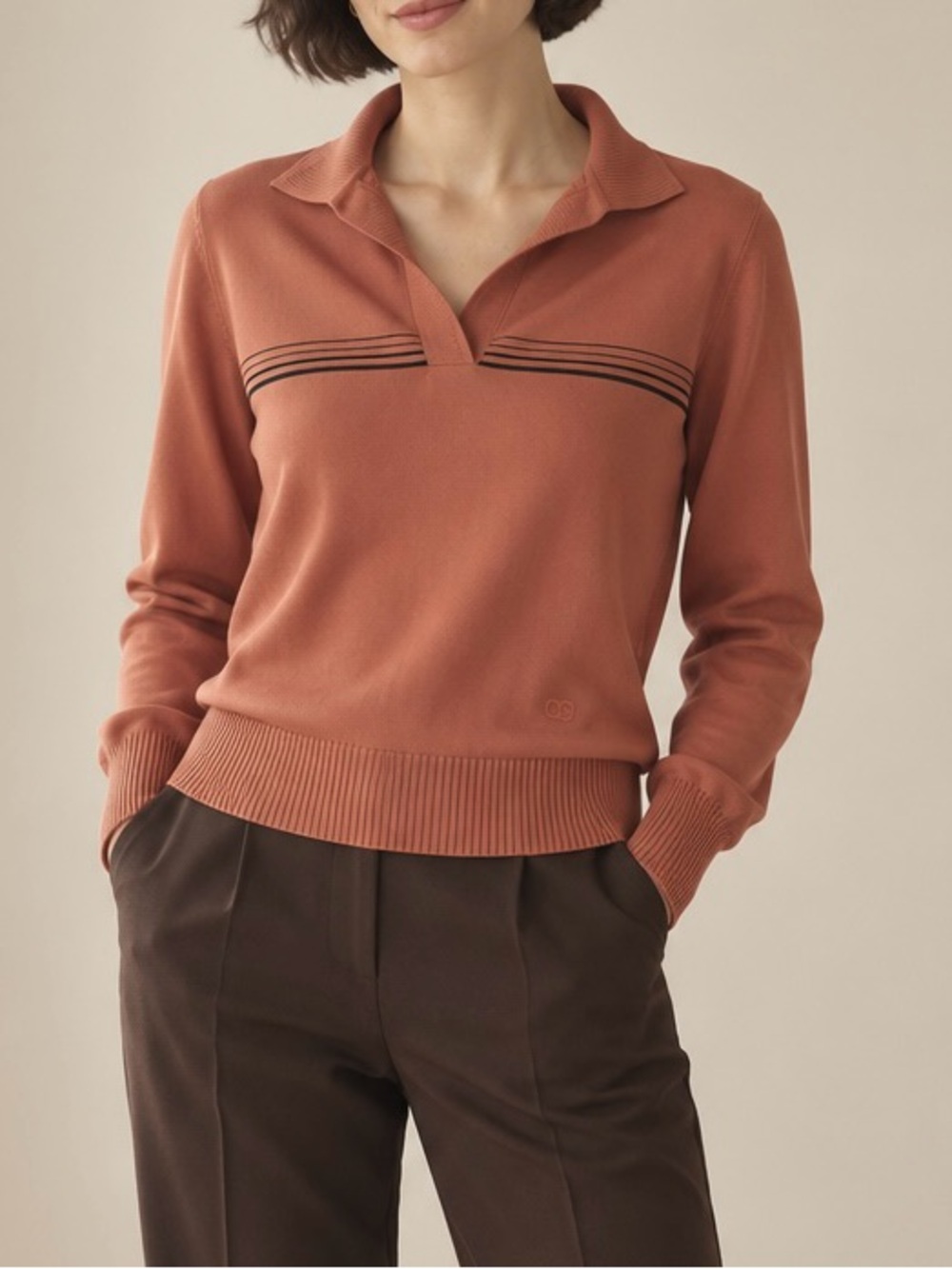 Givenchy Rust Orange Collared Scoop Neck Sweater with Black Stripes